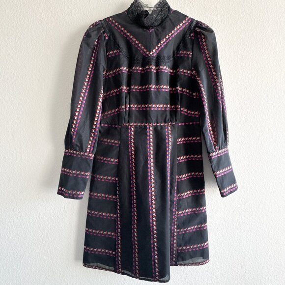 Sandro Sibel Floral Jacquard Mini Dress Lace Mock Neck Metallic Size 1 Small - Picture 3 of 15